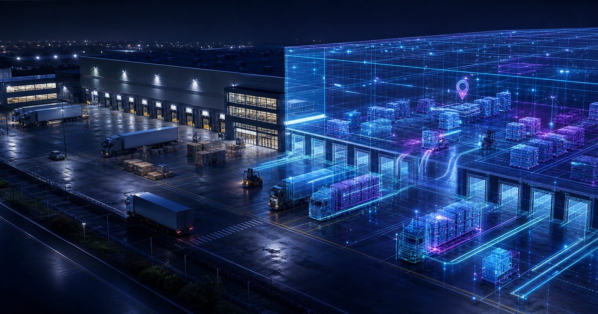 Ilustração editorial sobre digital twin na logística: como os gêmeos digitais funcionam na prática