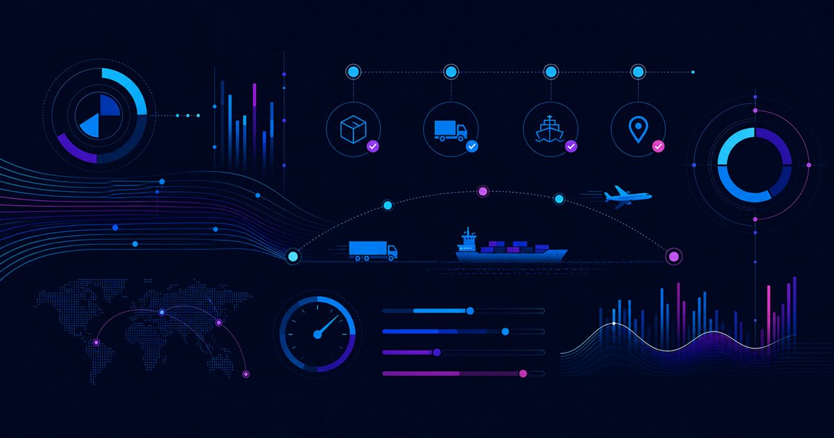 Painel abstrato com indicadores de expedição, transporte, qualidade e entregas.