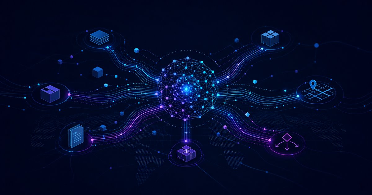 Representação abstrata de inteligência artificial conectando dados, processos e decisões em uma operação logística.