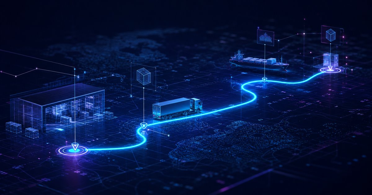 Linha abstrata de rastreabilidade conectando nota fiscal, volume, carregamento, conferência, transporte e entrega.